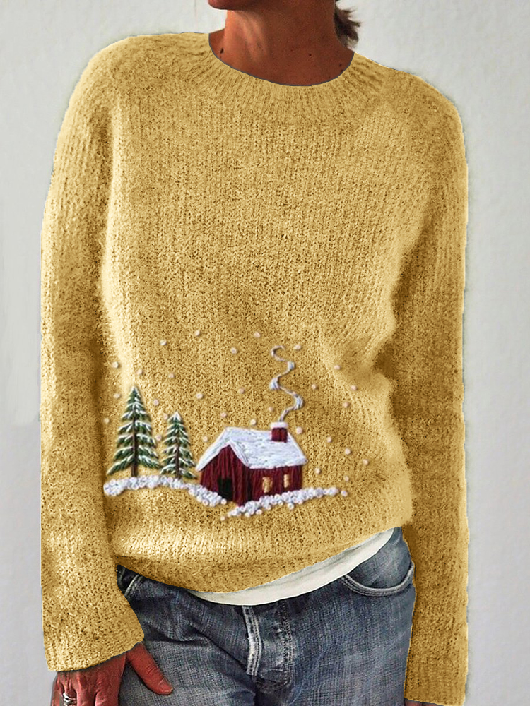 Snowy Forest Cottage Embroidered Cozy Sweater