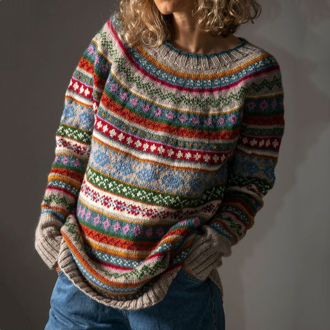 Fairman Island Vintage Pattern Crew Neck Contrast Sweater