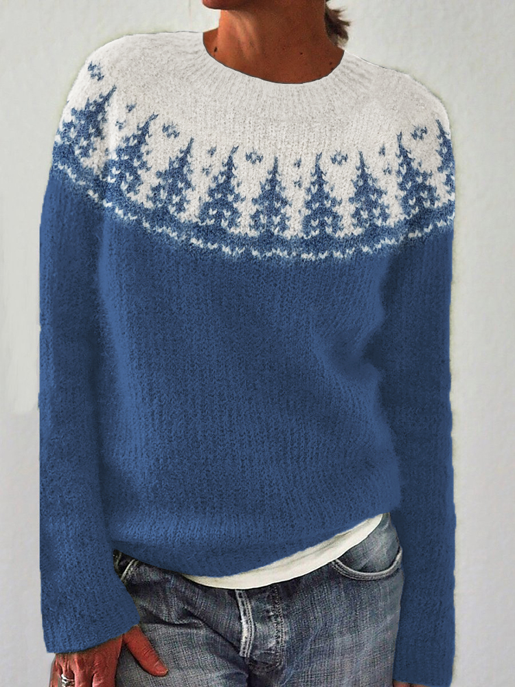Christmas Trees Yoke Contrast Color Cozy Knit Isle Sweater