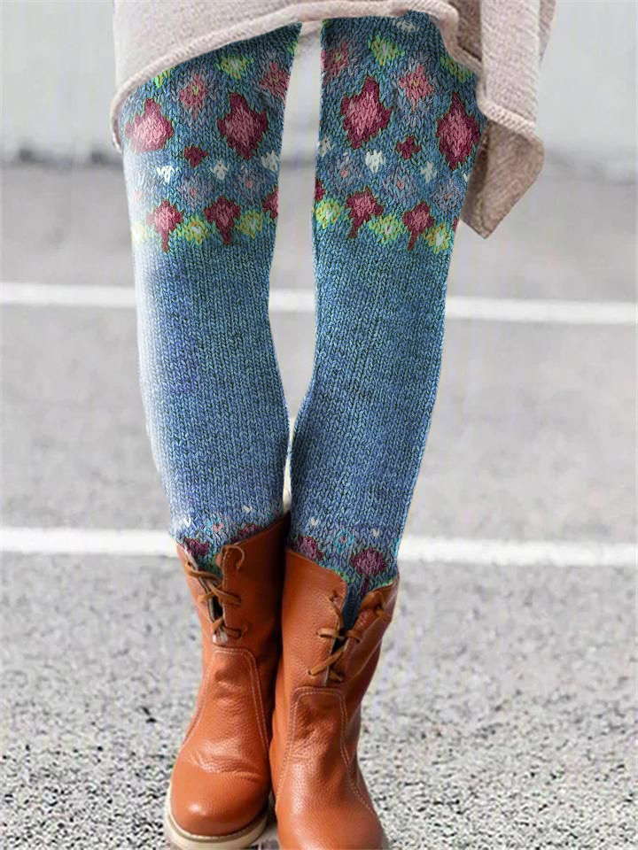 Contrast Diamond Knit Pattern Printed Leggings