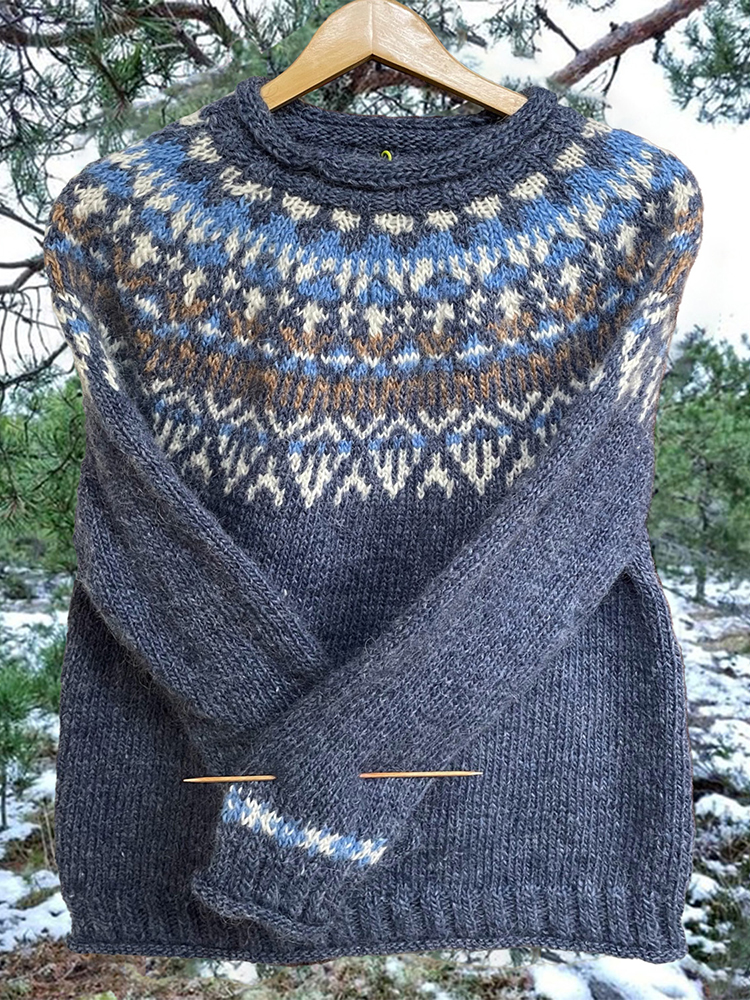 Vintage Navy Blue Icelandic Knit Jacquard Warmth Crew Neck Sweater Unisex