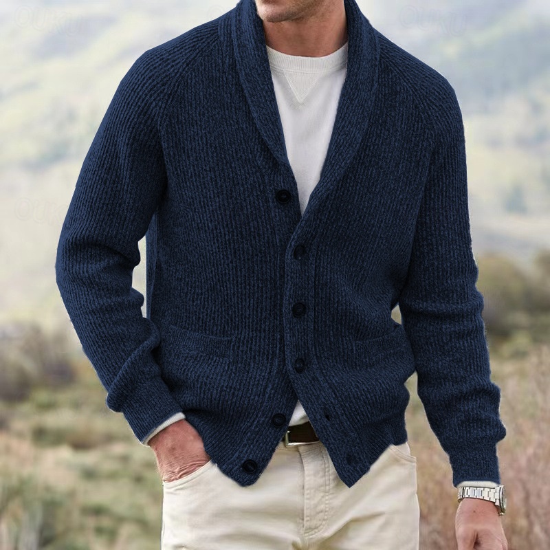Men's Cardigan Sweater Cropped  Sweater Knit Sweater Ribbed Knit Regular Button Up Pocket Plain Shawl Collar Fashion Classic Daily Wear Date Clothing Apparel Fall & Winter Black Dark Blue M L XL 2024 - US $41.99 –P1