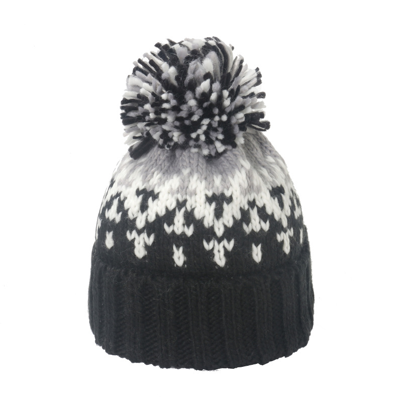 Warm Mohair Geometric Diamond Jacquard Fur Ball Wool Hat