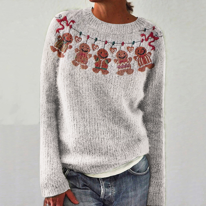 Vintage Christmas Gingerbread Man Embroidery Knitted Crewneck Sweater