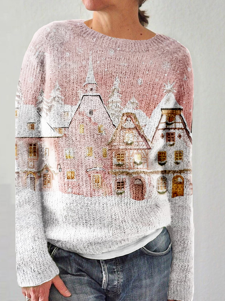 Pink Winter Christmas Village Art Cozy Sweater