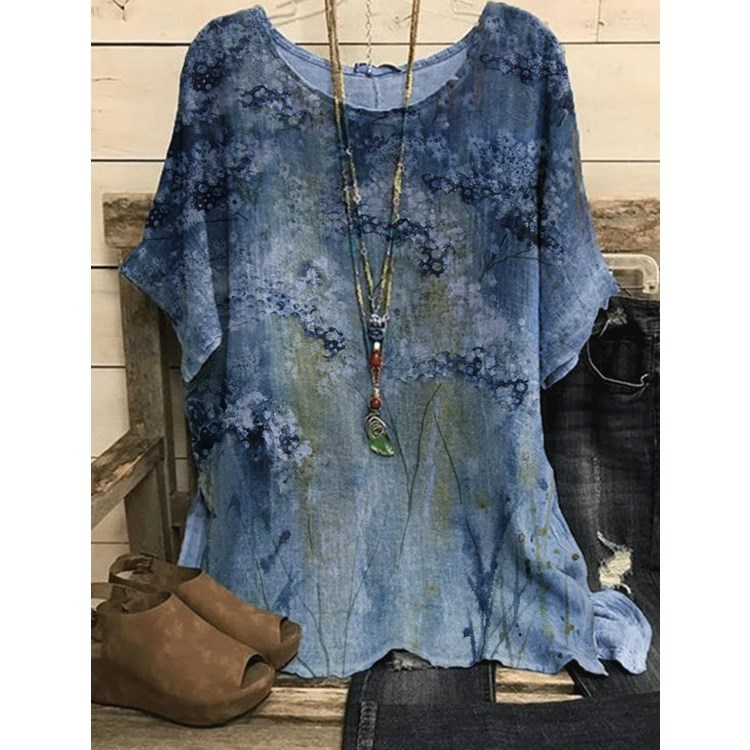 Casual Printed Short Sleeve Cotton Linen T-Shirt