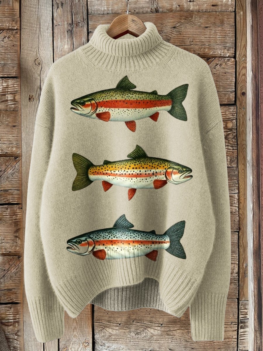 Japanese Fish Art Print Knit Turtleneck Pullover Sweater