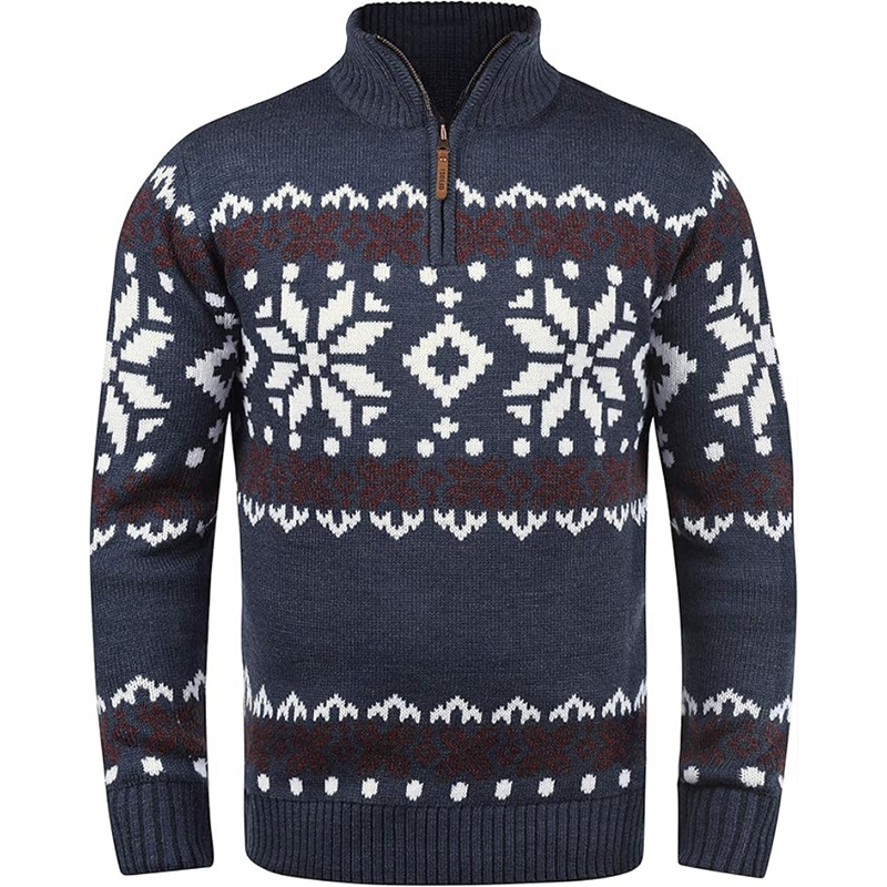 Vintage Warmth Norwool Knit Jacquard Icelandic Half Zip Collar Sweater