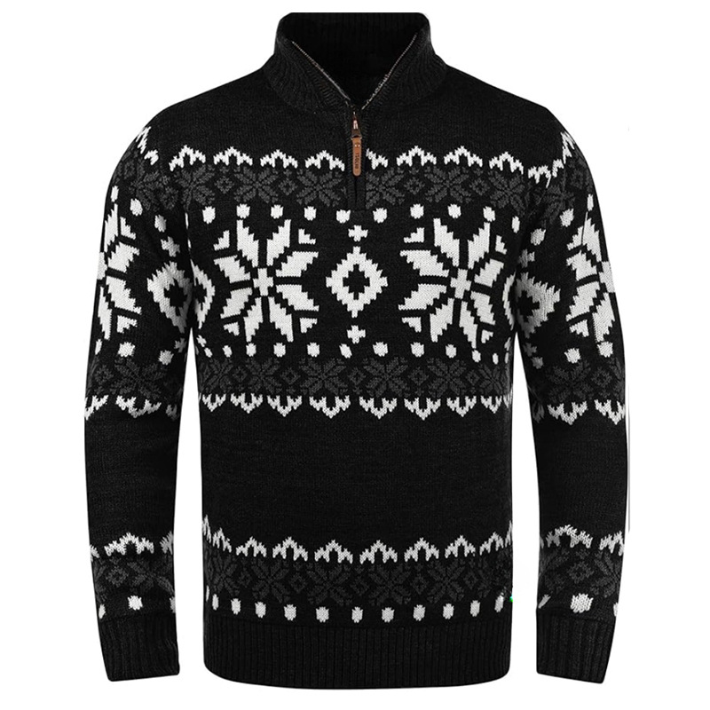 Vintage Warmth Norwool Knit Jacquard Icelandic Half Zip Collar Sweater