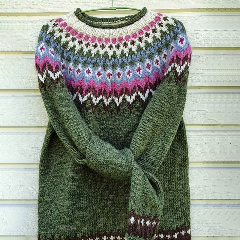 Vintage Icelandic Green Knit Jacquard Warmth Crew Neck Sweater(Unisex)
