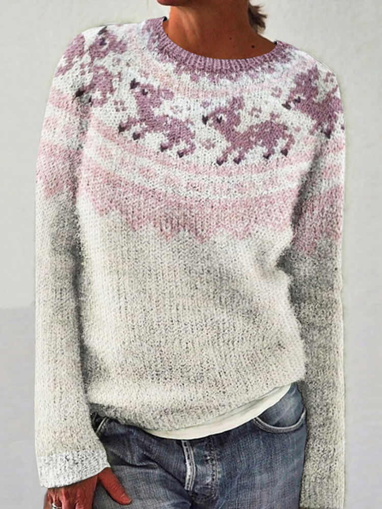 Animal Christmas Elk Print Contrast Crew Neck Sweater