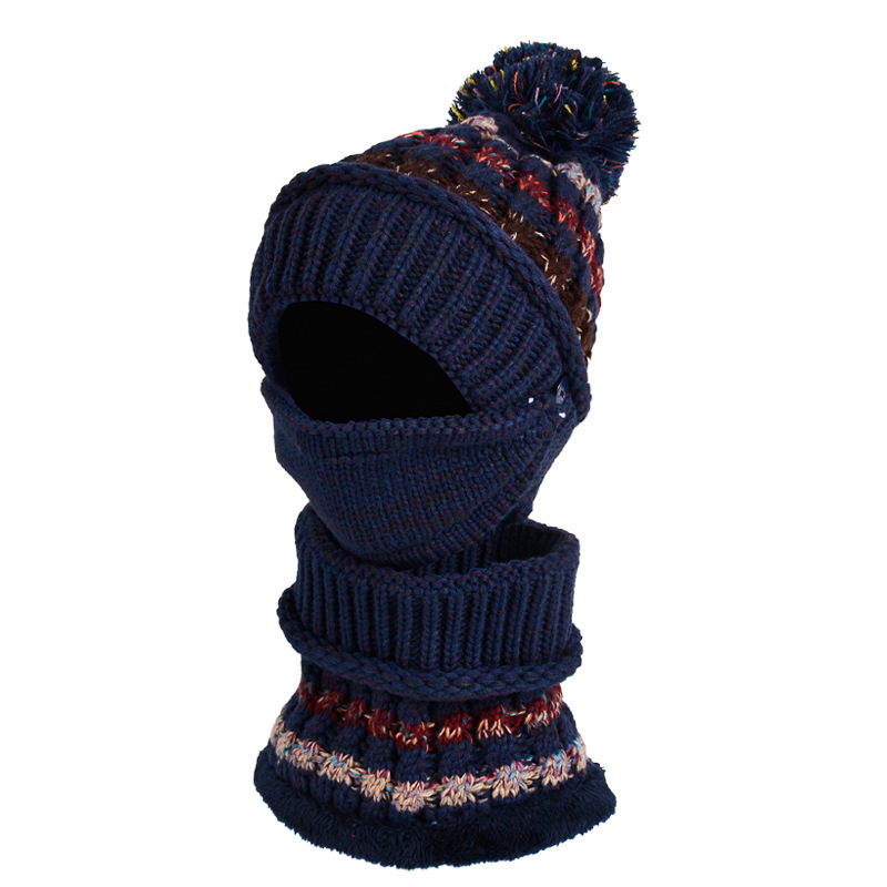 Three-Piece Fleece And Color-Block Knitted Hat, Scarf And Mask