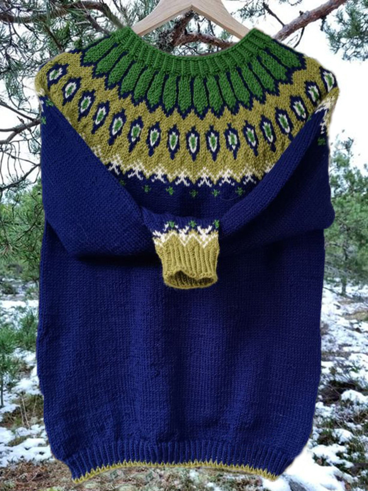 Vintage Icelandic Knit Jacquard Warmth Crew Neck Sweater