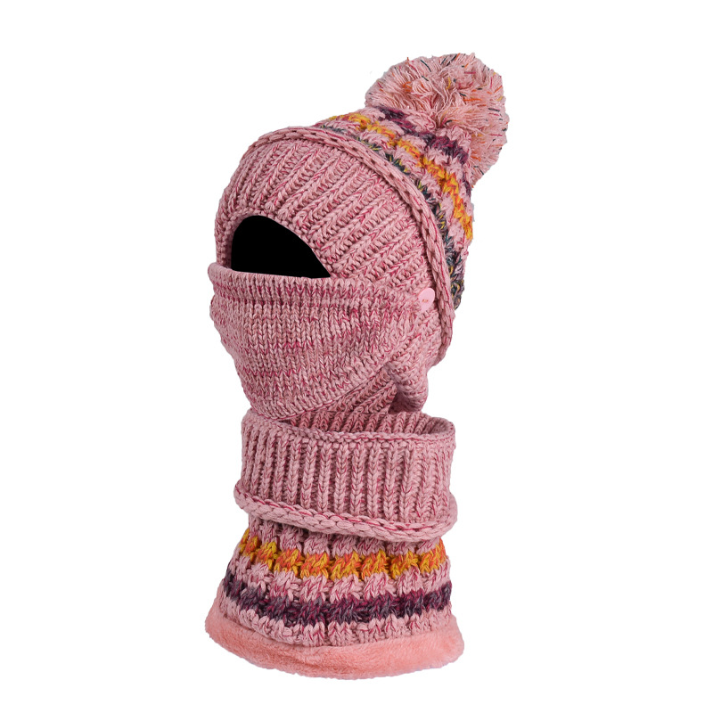Three-Piece Fleece And Color-Block Knitted Hat, Scarf And Mask