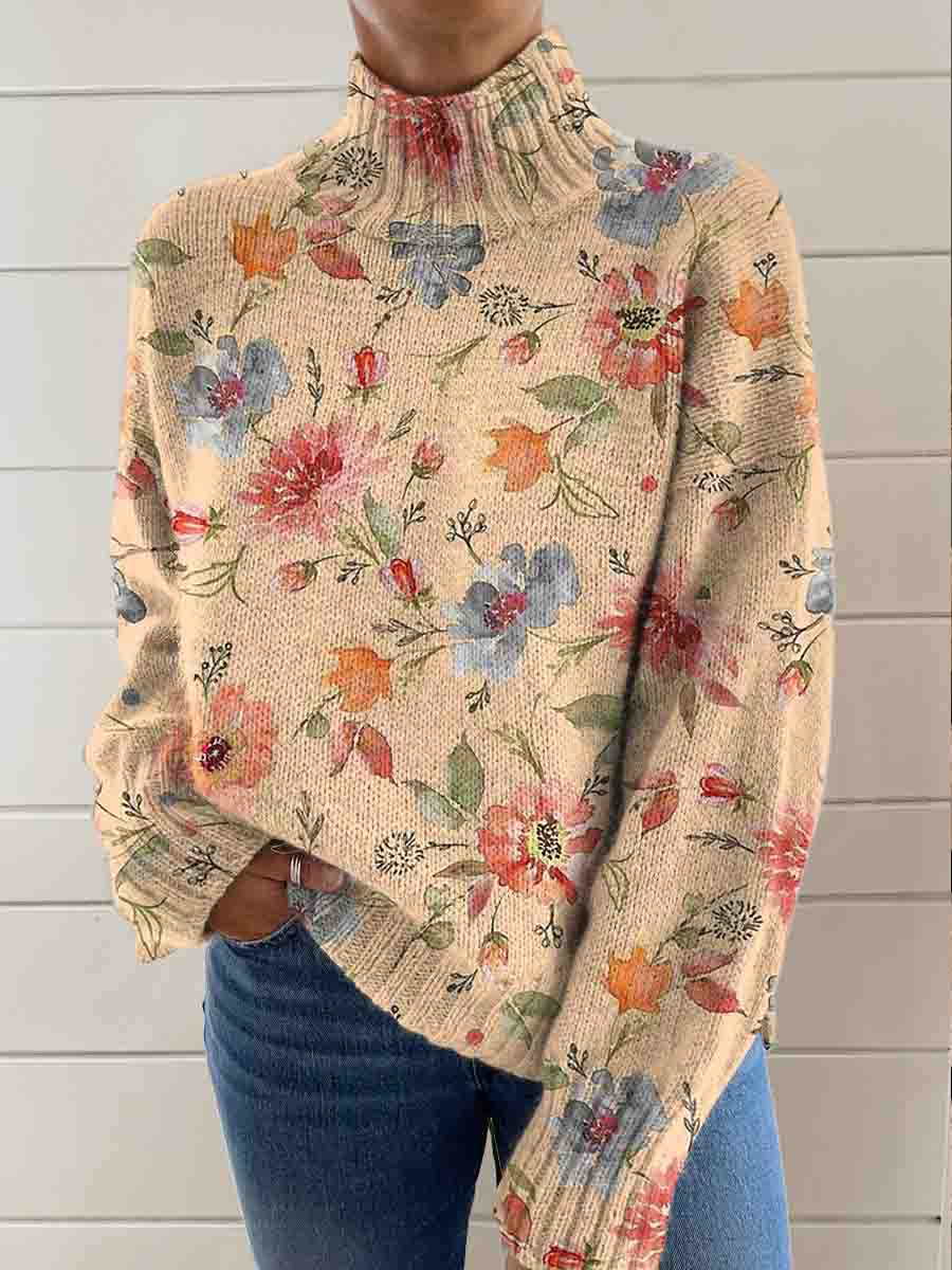 Women's Vintage Floral Art Print Knit Turtleneck Pullover Sweater