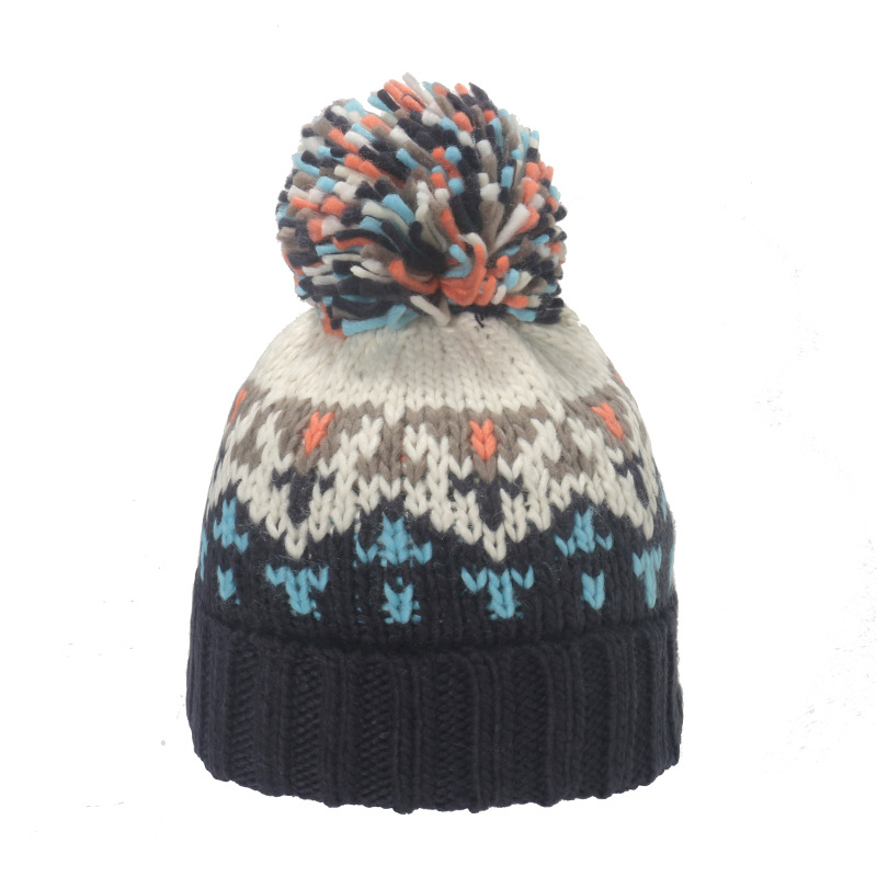 Warm Mohair Geometric Diamond Jacquard Fur Ball Wool Hat