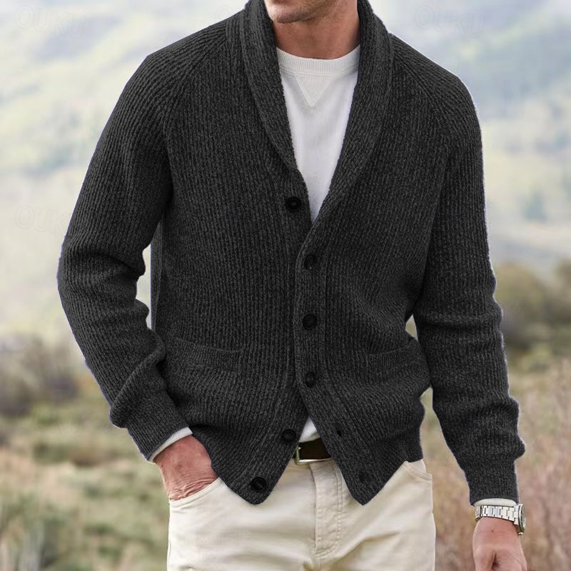 Men's Cardigan Sweater Cropped  Sweater Knit Sweater Ribbed Knit Regular Button Up Pocket Plain Shawl Collar Fashion Classic Daily Wear Date Clothing Apparel Fall & Winter Black Dark Blue M L XL 2024 - US $41.99 –P3