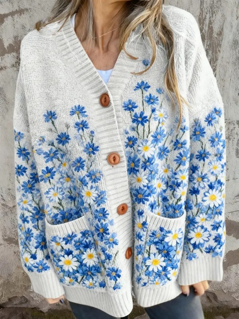 Plus Size Women's V-Neck Button Down Cardigan Sweater - Loose Comfortable Knitted Coat with Pockets