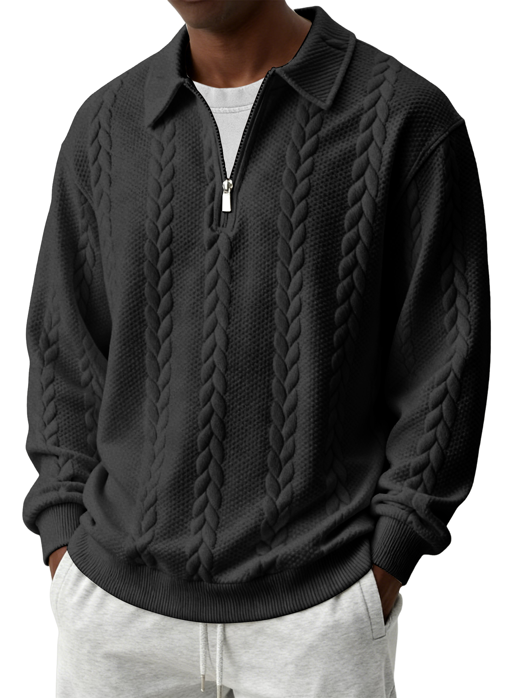 Men's Casual Comfortable Jacquard Turn-Down Collar Quarter Zips Long Sleeve Sweatshirt