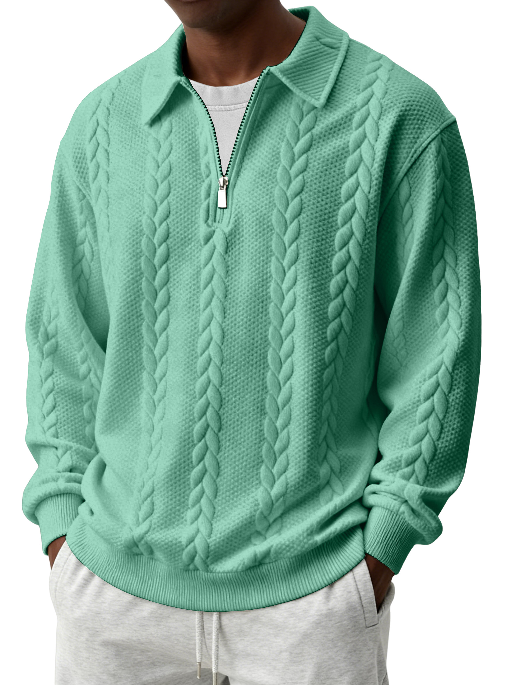 Men's Casual Comfortable Jacquard Turn-Down Collar Quarter Zips Long Sleeve Sweatshirt
