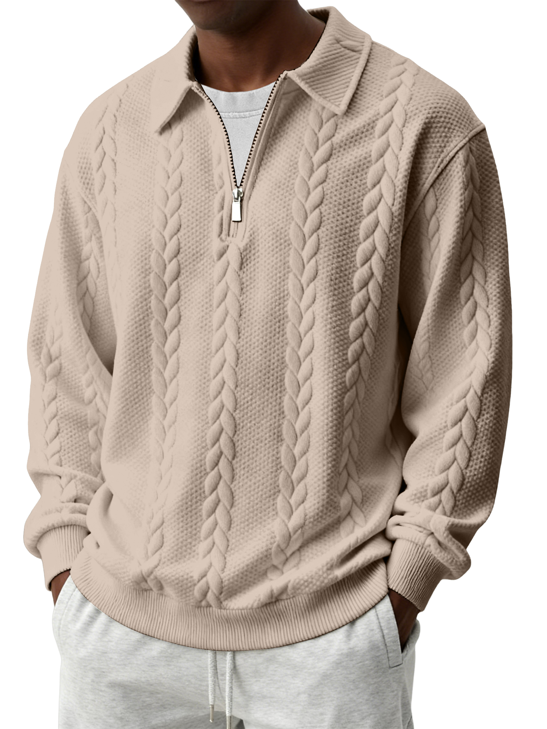 Men's Casual Comfortable Jacquard Turn-Down Collar Quarter Zips Long Sleeve Sweatshirt