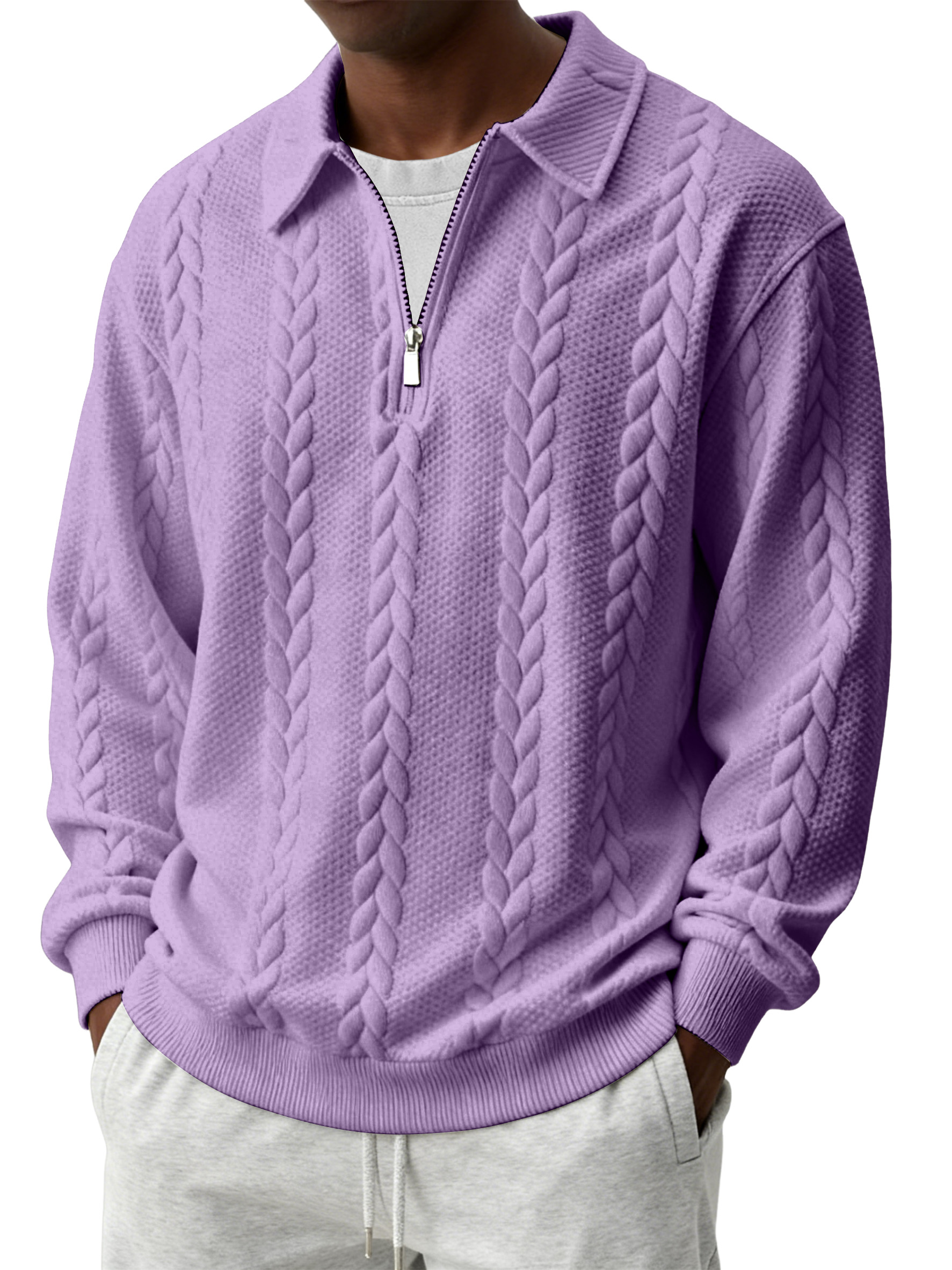 Men's Casual Comfortable Jacquard Turn-Down Collar Quarter Zips Long Sleeve Sweatshirt
