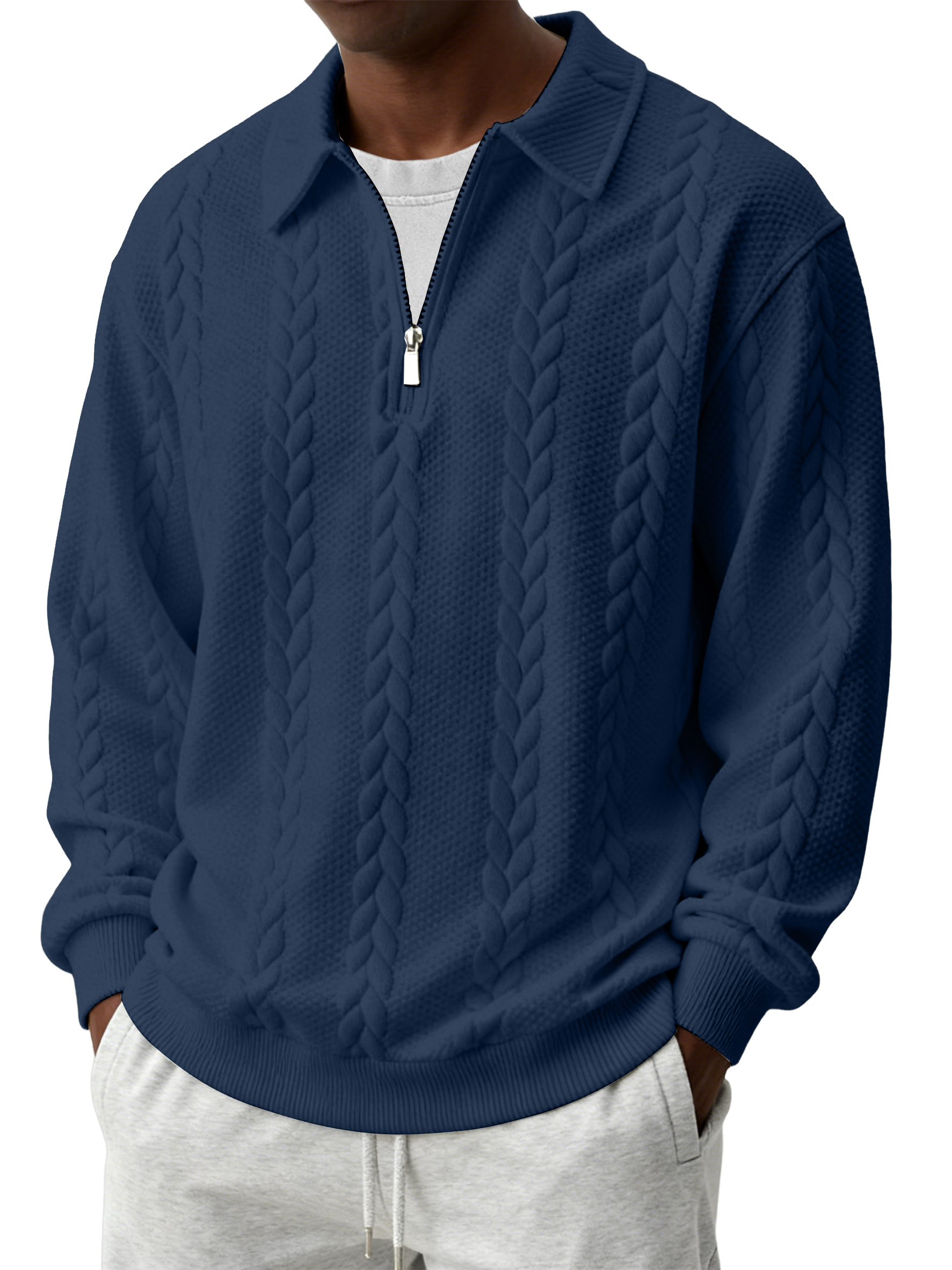 Men's Casual Comfortable Jacquard Turn-Down Collar Quarter Zips Long Sleeve Sweatshirt