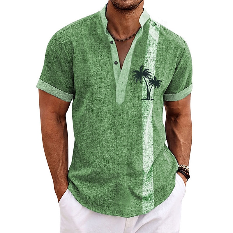 Men's Shirt Linen Shirt Beach Shirt Coconut Tree Outdoor Vacation Light Green Navy Blue Blue Brown Short Sleeve Stand Collar Summer Spring Clothing Apparel Print