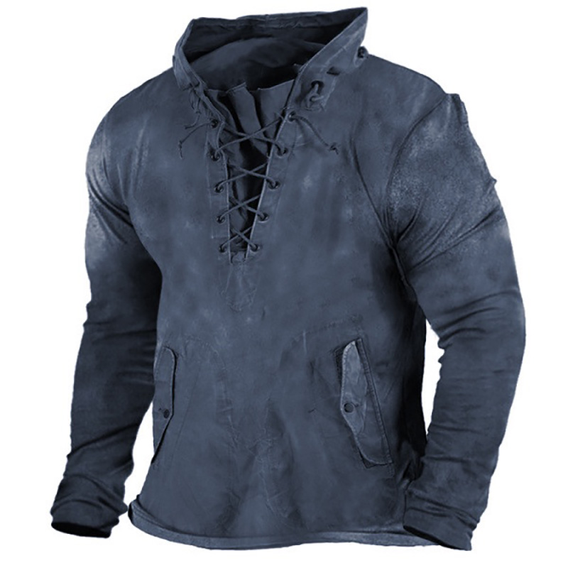 Men's Vintage Outdoor Tactical Lace-Up Hooded T-Shirt