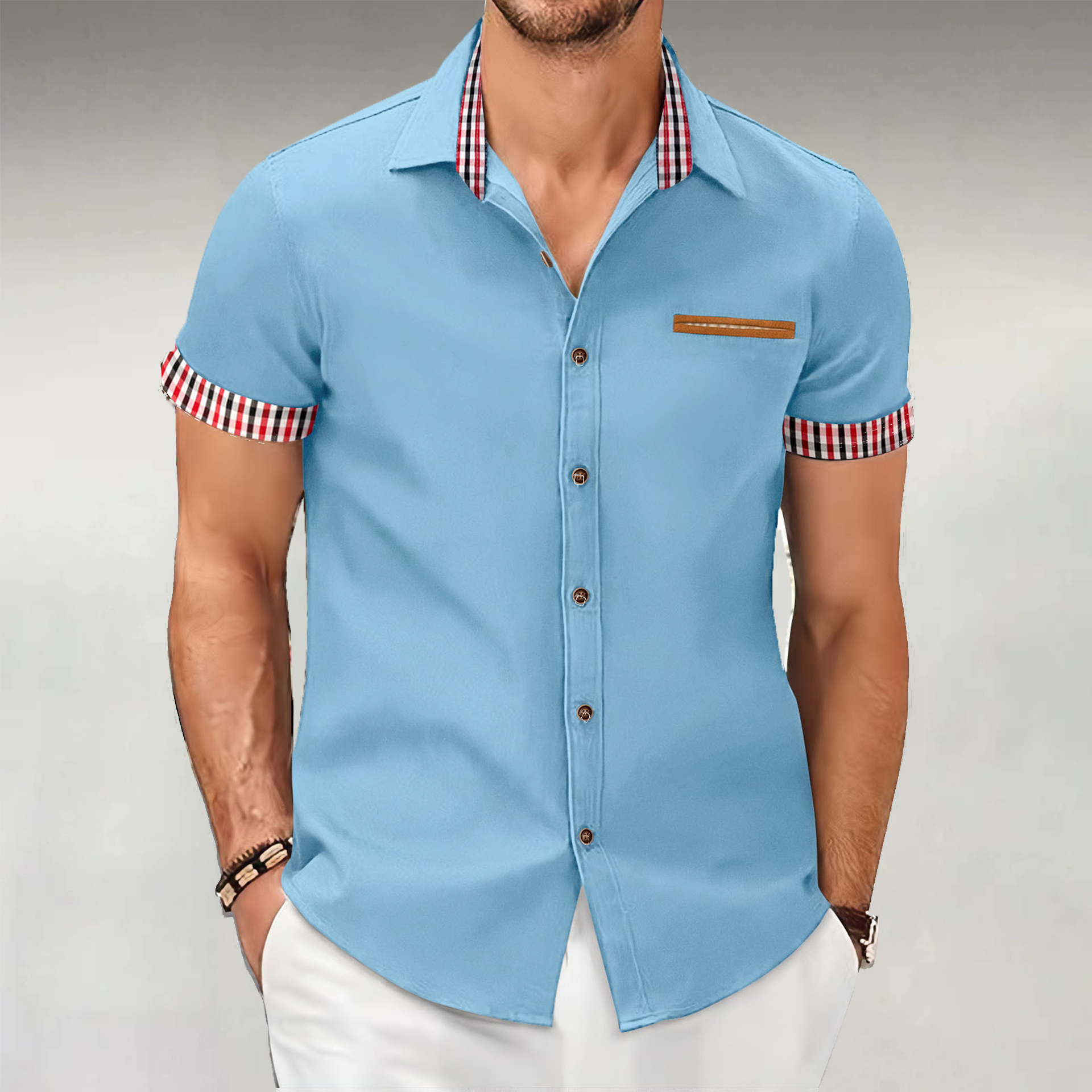 Kariertes Business-Casual-Kurzarmhemd mit Farbblockdesign für Herren