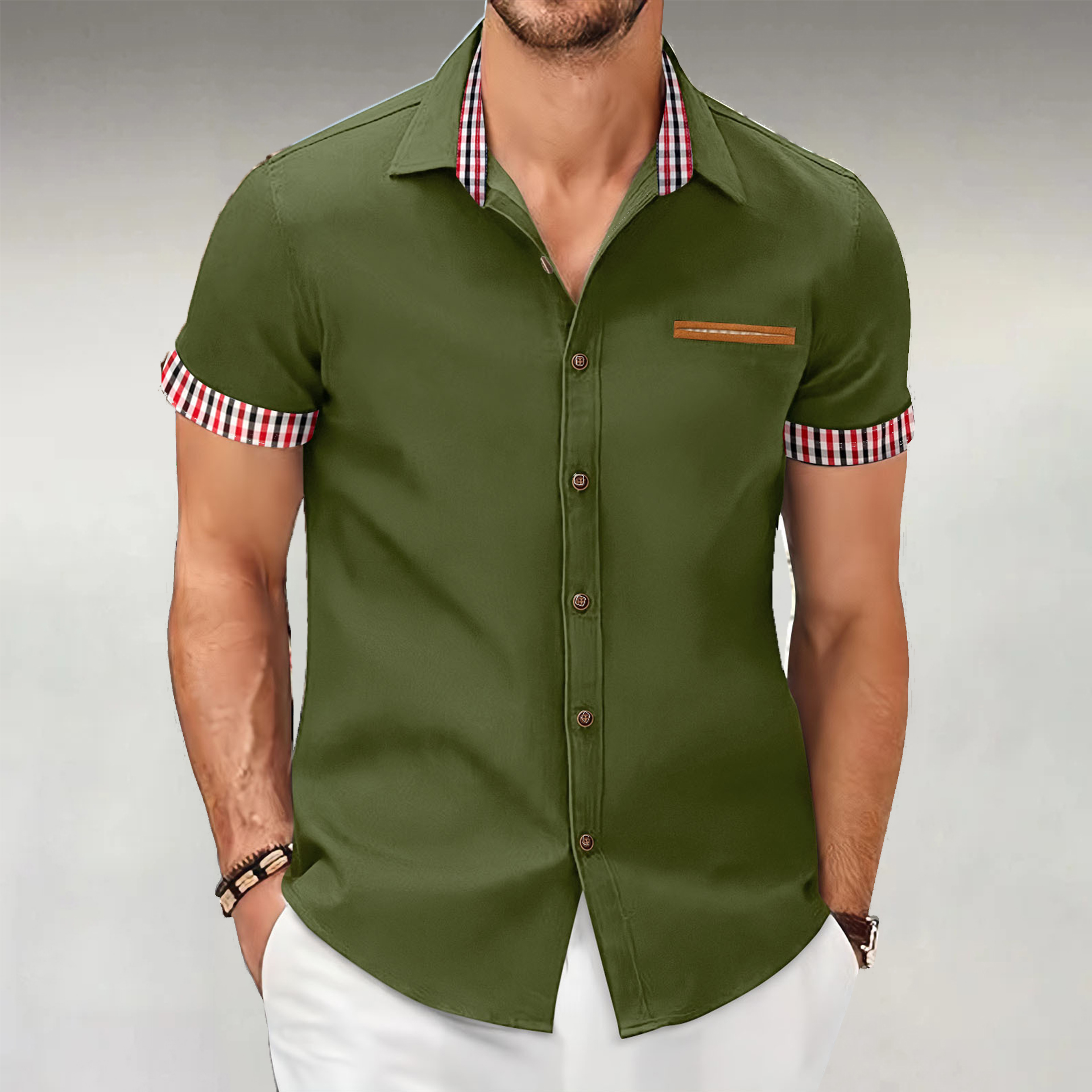 Kariertes Business-Casual-Kurzarmhemd mit Farbblockdesign für Herren