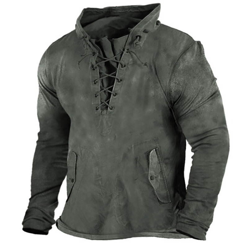 Men's Vintage Outdoor Tactical Lace-Up Hooded T-Shirt