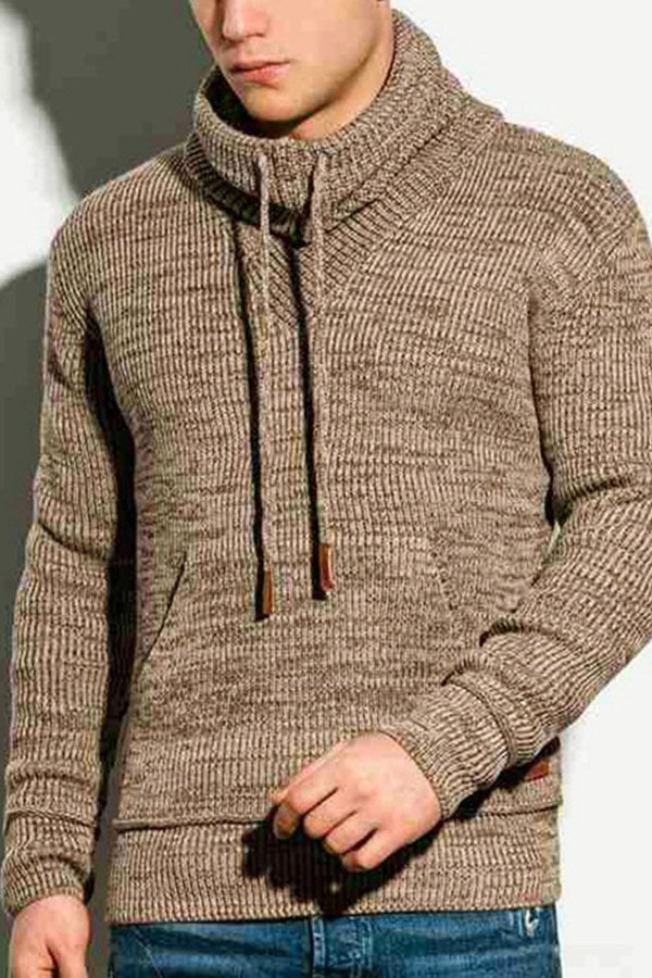 Men's Drawstring Stand Collar Long Sleeve Knit Sweater