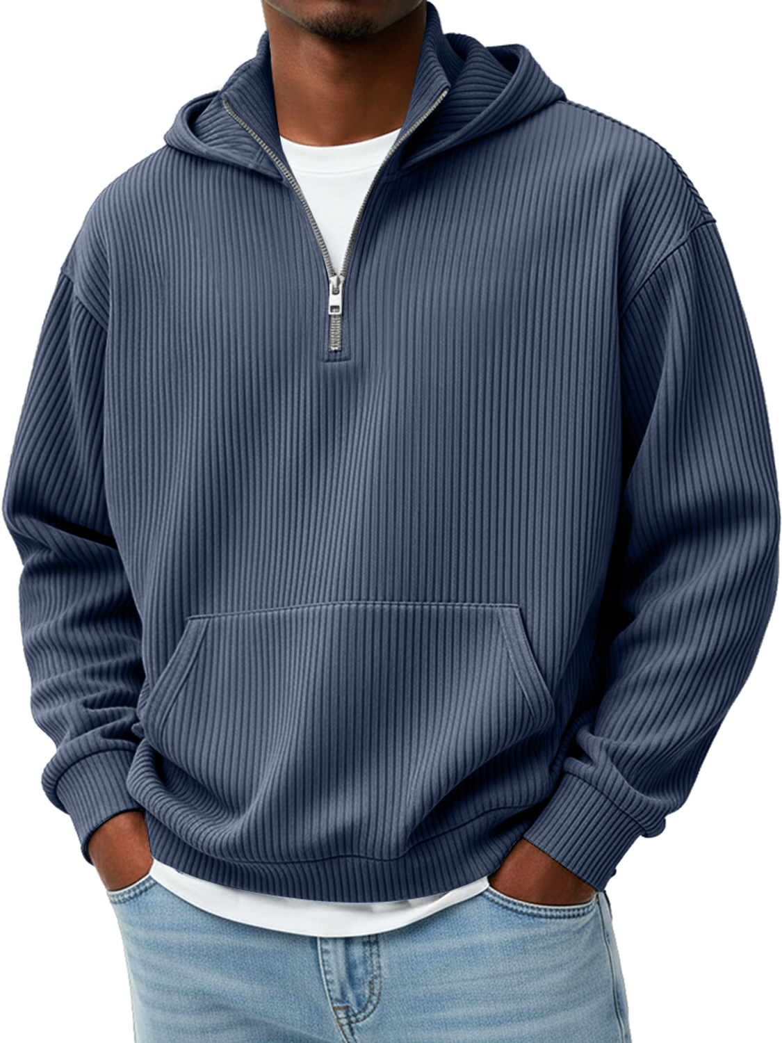 Men's Pit Stripe Stand Collar Zipper Casual Loose Hooded Sweatshirt