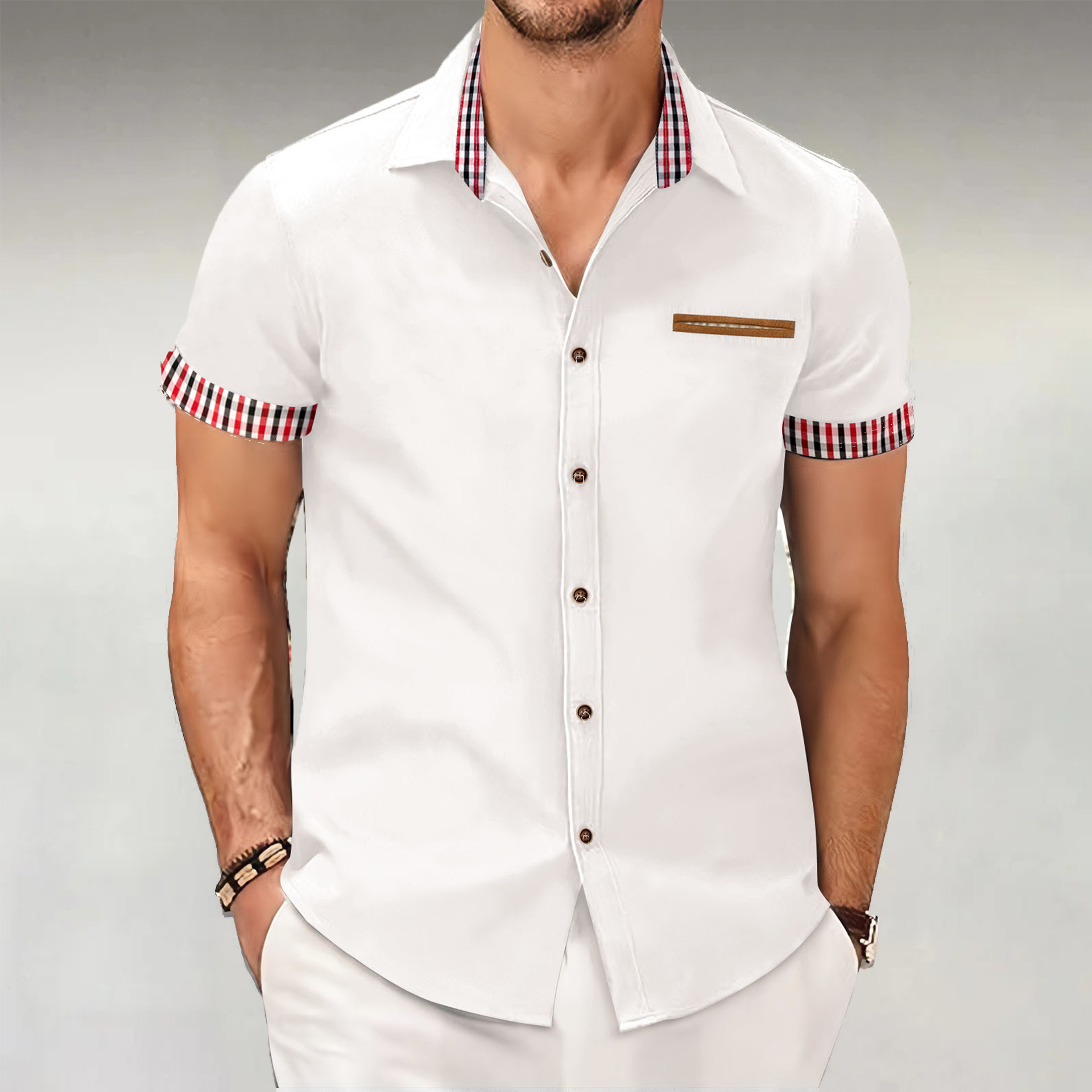 Kariertes Business-Casual-Kurzarmhemd mit Farbblockdesign für Herren