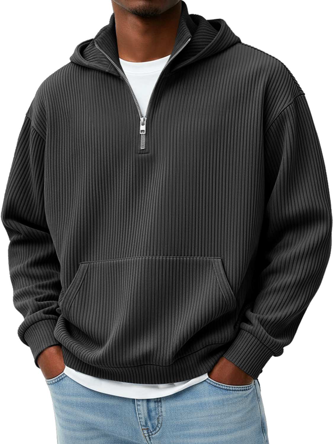 Men's Pit Stripe Stand Collar Zipper Casual Loose Hooded Sweatshirt