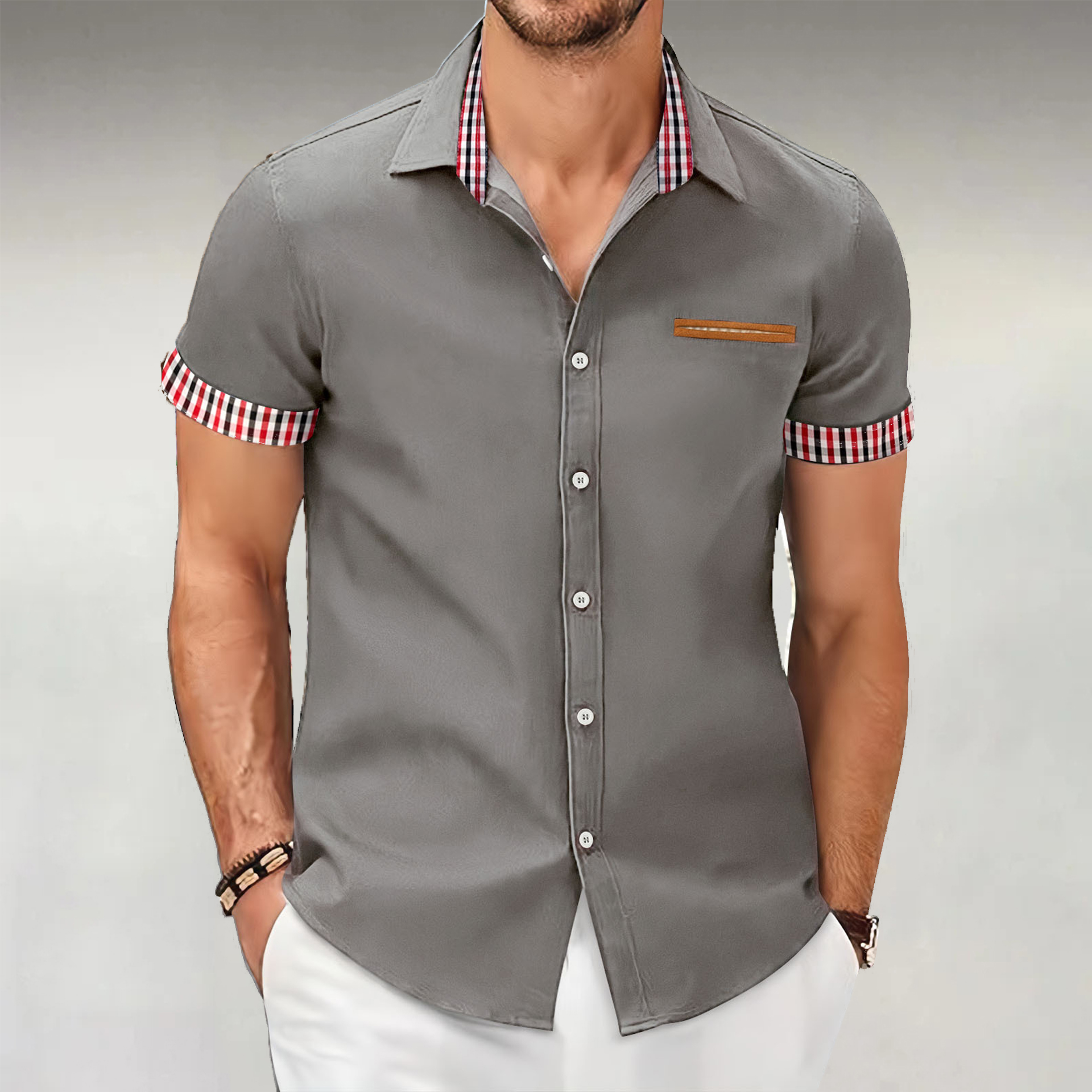 Kariertes Business-Casual-Kurzarmhemd mit Farbblockdesign für Herren