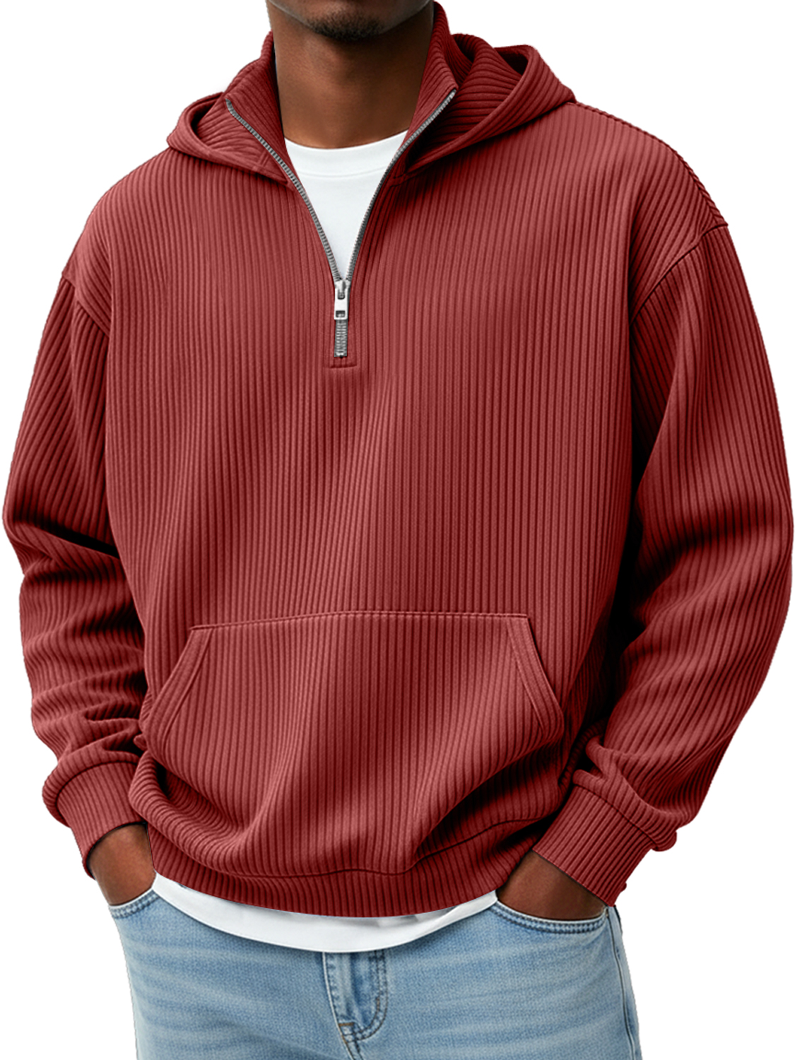 Men's Pit Stripe Stand Collar Zipper Casual Loose Hooded Sweatshirt