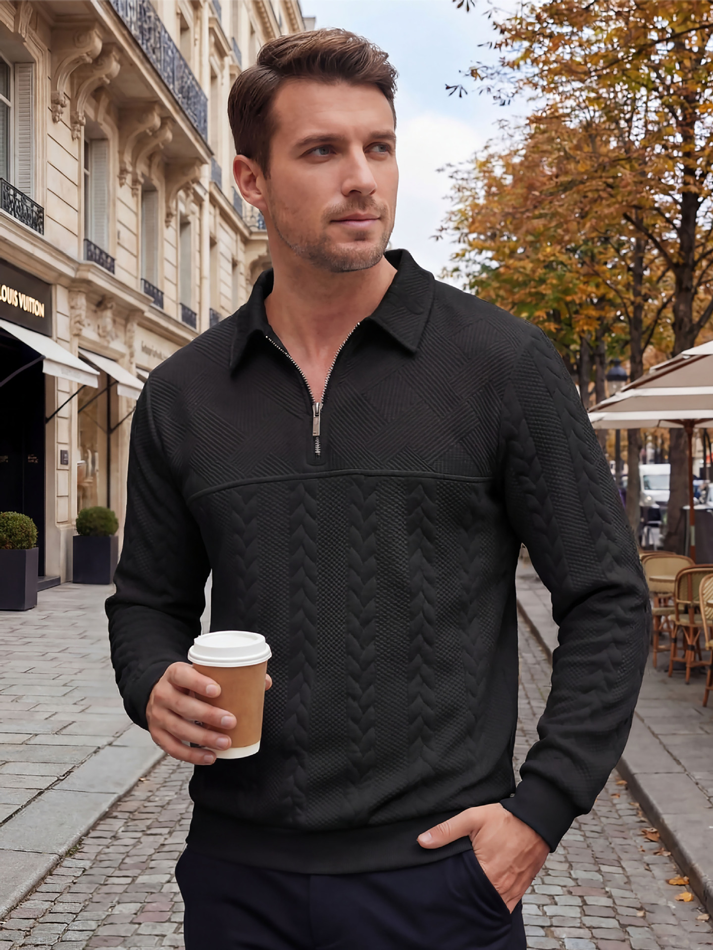 Men's Casual Comfortable Jacquard Turn-Down Collar Quarter Zips Long Sleeve Sweatshirt
