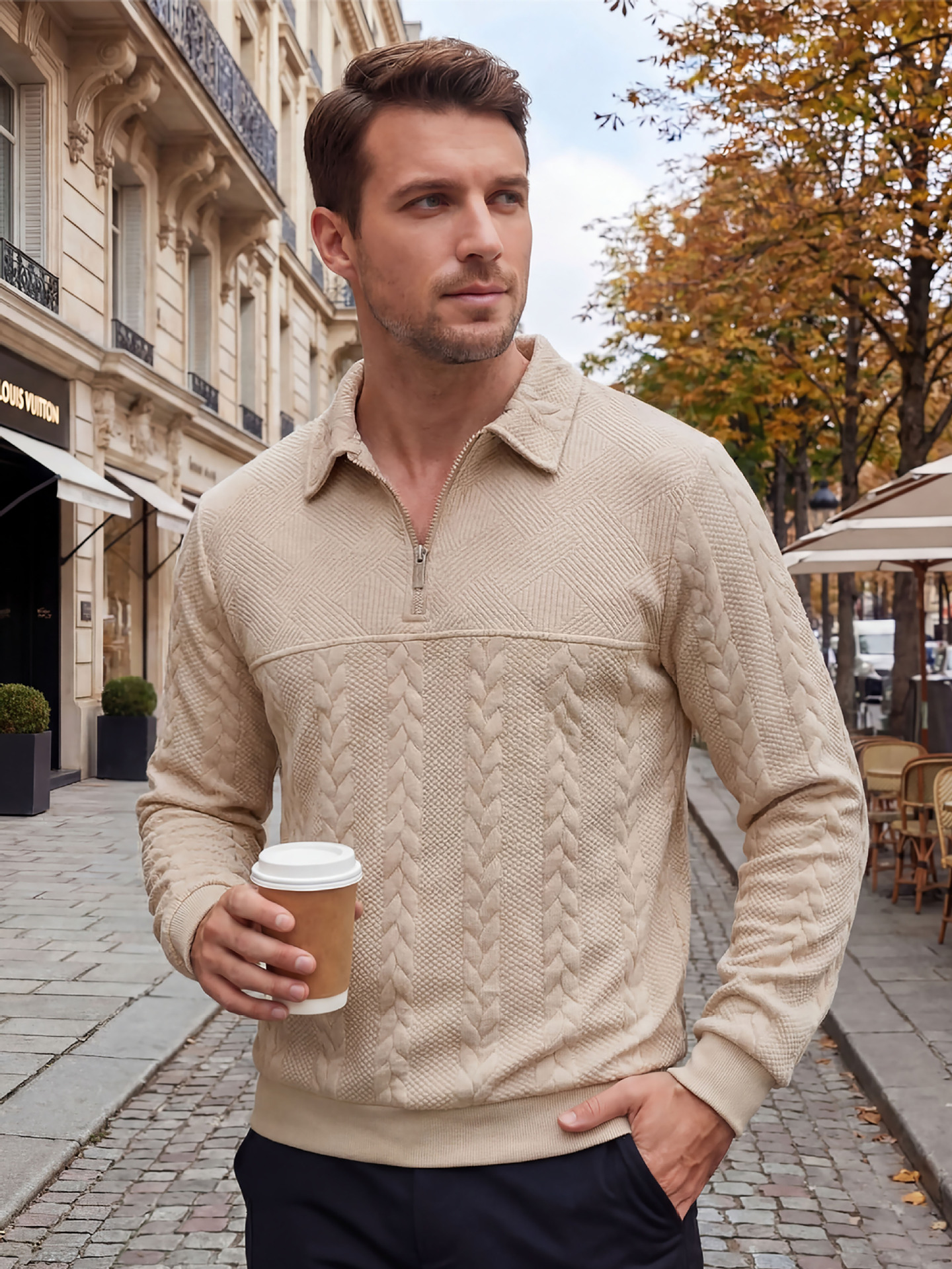 Men's Casual Comfortable Jacquard Turn-Down Collar Quarter Zips Long Sleeve Sweatshirt