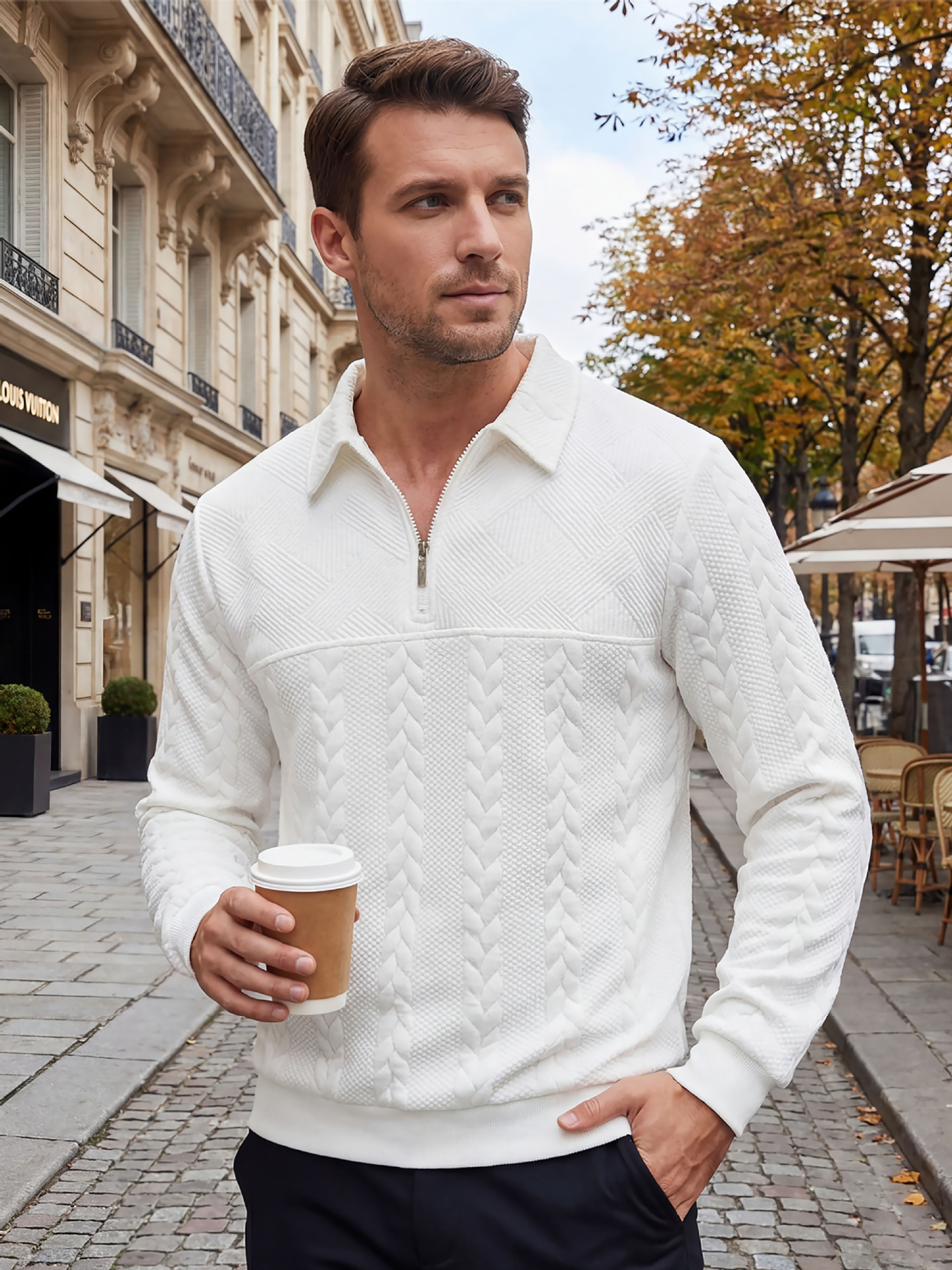 Men's Casual Comfortable Jacquard Turn-Down Collar Quarter Zips Long Sleeve Sweatshirt