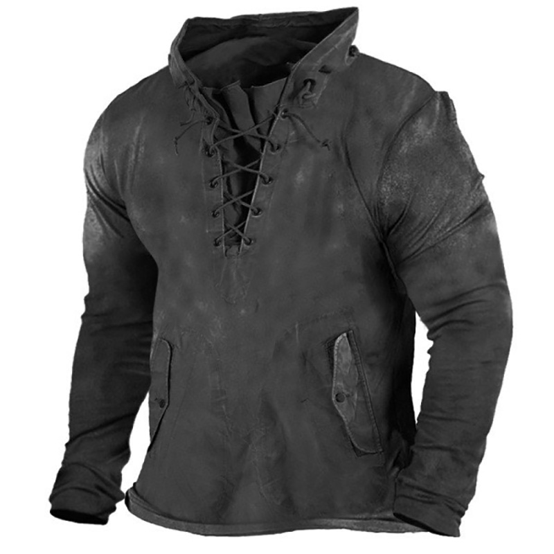 Men's Vintage Outdoor Tactical Lace-Up Hooded T-Shirt