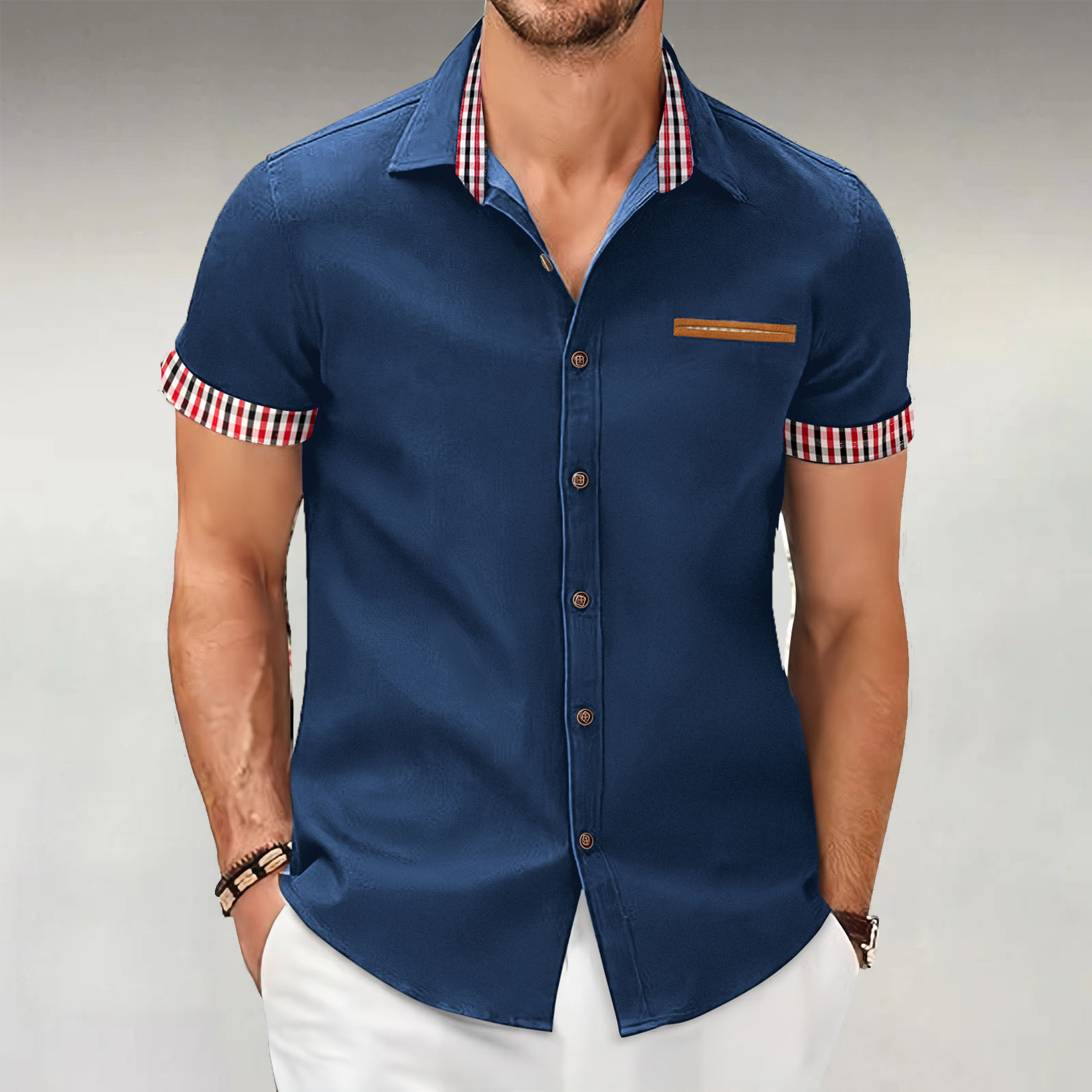 Kariertes Business-Casual-Kurzarmhemd mit Farbblockdesign für Herren