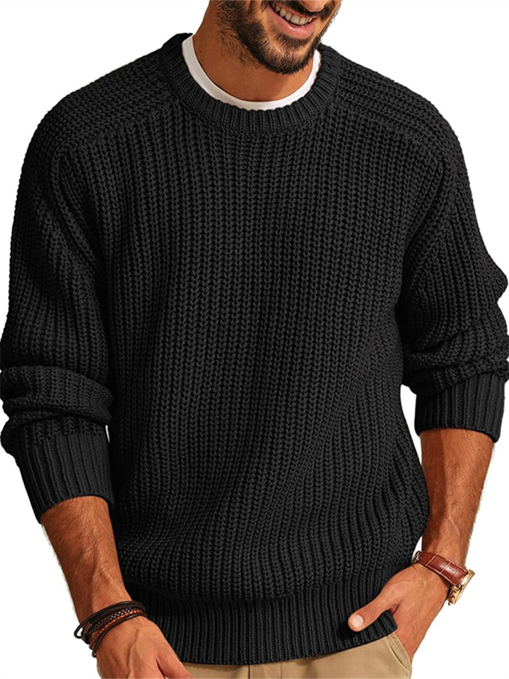 Men's Sweater Sports Loose Plaid Plunge Sleeve Sweater Round Neck Pullover Casual Long Sleeve Men's Knitwear