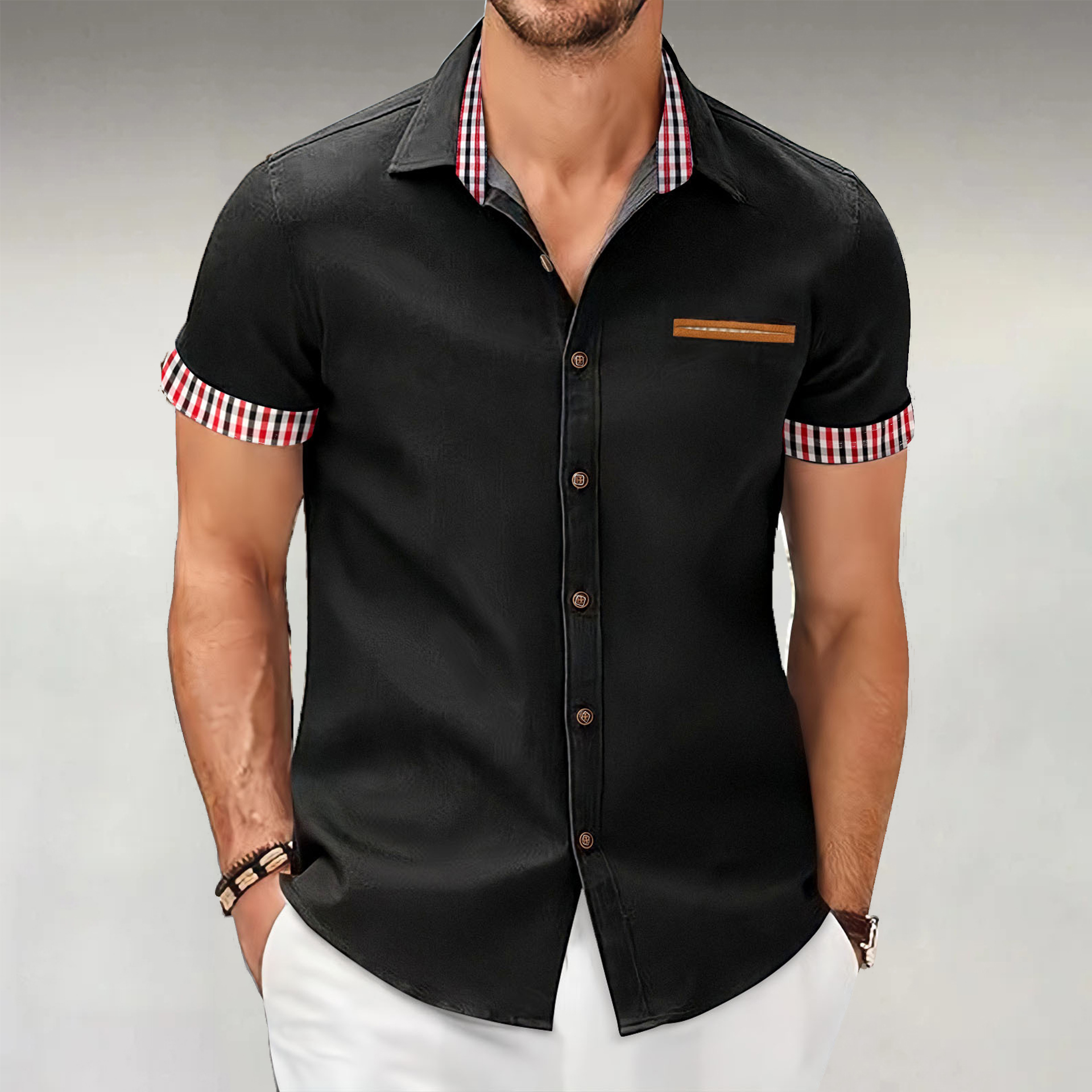 Kariertes Business-Casual-Kurzarmhemd mit Farbblockdesign für Herren