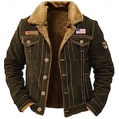 Men's Embroidered Fleece Jacket Cargo Jacket merican US Flag Print Turndown Collar Long Sleeve Military Tactical Jacket Vintage Thermal Warm Winter Outwear Multiple Pockets Button Front Cotton Coat