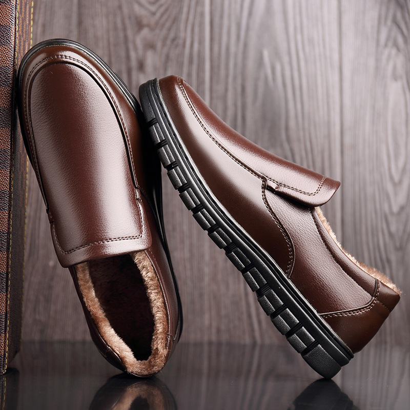 Men's Genuine Leather Slip-on Warm Winter Plush Soft Insole Casual Business Shoes