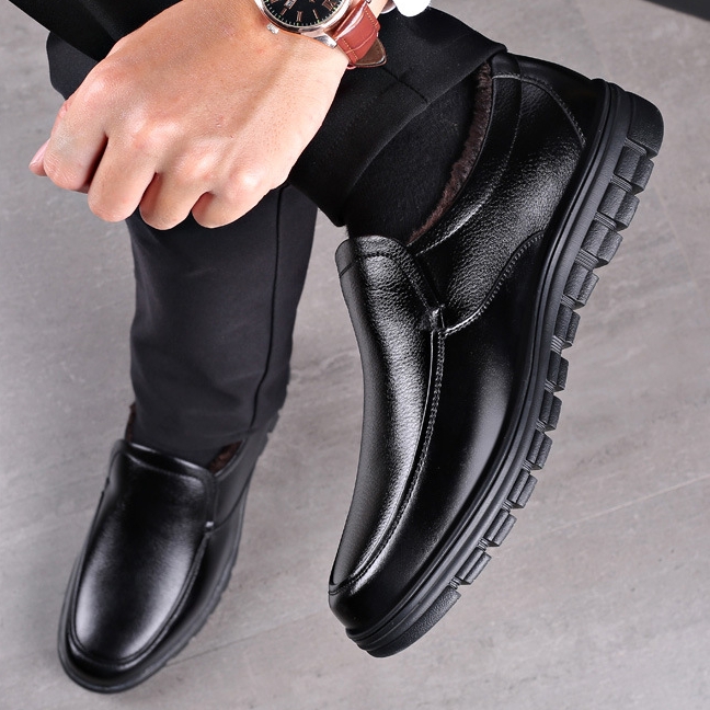 Men's Genuine Leather Slip-on Warm Winter Plush Soft Insole Casual Business Shoes