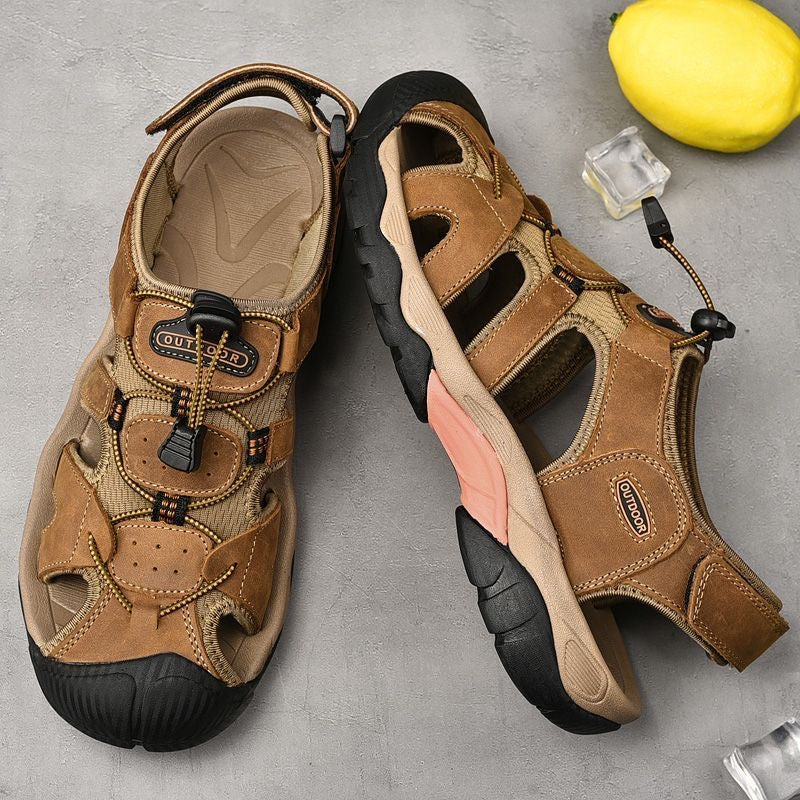 Sinarey  Men's Sandals Arch Support Casual Genuine Leather Summer Outdoor Beach Fisherman Sandals