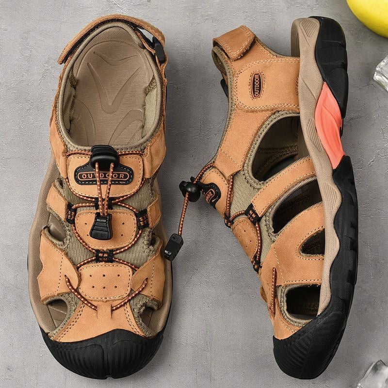 Sinarey  Men's Sandals Arch Support Casual Genuine Leather Summer Outdoor Beach Fisherman Sandals